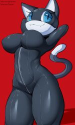 1girl 1girls 2021 2021s 3:5 absurd_res absurdres anthro anthrofied atlus black_body black_fur blue_eyes breasts clothed clothing crossgender domestic_cat eyelashes fangs felid feline felis female female_focus female_only front_view fur furry furry_female gatotorii genderswap genderswap_(mtf) hands_behind_head hi_res looking_at_viewer mammal markings mask megami_tensei megami_tensei_persona morgana_(persona) mtf_crossgender nipple_outline persona_(series) persona_5 red_background rule63 rule_63 sega simple_background smile solo solo_female solo_focus standing tail tail_markings teeth thick_thighs thighs tight_clothing tuxedo_cat two_tone_body two_tone_fur white_body white_fur wide_hips