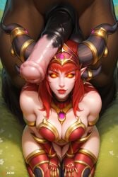 1boy acw ai_generated alexstrasza balls female horse_penis horsecock huge_breasts interracial interspecies kittew_(style) penis_on_head tauren testicles world_of_warcraft