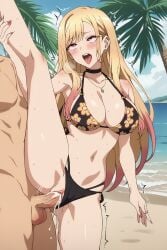 1boy 1girls ahe_gao ai_generated beach bed bikini bikini_top blonde_hair choker cum cum_in_pussy cum_inside cumshot drooling ejaculation floral_print hi_res kitagawa_marin large_breasts legs_up metalchromex multicolored_hair outdoors palm_tree patreon piercing pixiv red_eyes self_upload sex sono_bisque_doll_wa_koi_wo_suru tremble_spikes trembling twitter