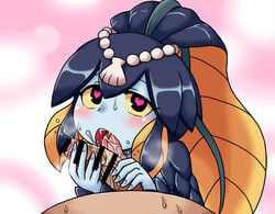 aruse_yuushi blue_skin blush censored fellatio female heart-shaped_pupils licking minette_(skullgirls) monster_girl open_mouth oral penis pink_eyes saliva shell skullgirls symbol-shaped_pupils tongue yellow_sclera