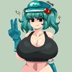 1girls big_breasts breasts cap cleavage clothed_female cyan_hair green_background hat light-skinned_female long_gloves mob_face nitori_kawashiro nono_(notnoe) peace_sign seireiart solo solo_female tank_top touhou watermark