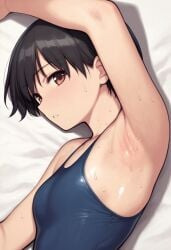 1girls ai_generated armpits black_hair brown_eyes one-piece_swimsuit short_hair sweat