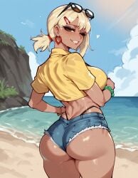 1girls ai_generated ass ass_focus blonde_hair chainsaw_man crop_top dark-skinned_female dark_skin denim_shorts female floppydisc from_behind grin gyaru hairclip higashiyama_kobeni highres large_breasts one_eye_closed ponytail solo solo_focus sweat toned_female wink yellow_shirt