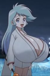 1girls blue_hair breast_expansion dororon_enma-kun huge_breasts solo yukiko yukionna