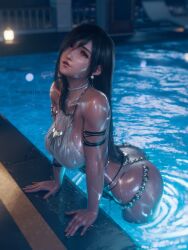 armwear big_ass big_breasts clothed dark_hair final_fantasy final_fantasy_vii getting_out_of_pool light-skinned_female light_skin looking_at_viewer pool red_eyes ria-neearts see-through see-through_swimsuit sideboob solo solo_focus swimming_pool swimsuit tifa_lockhart wet wet_body wet_skin wet_swimsuit