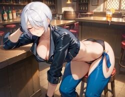 ai_generated angel_(kof) bar black_jacket chaps cleavage cropped_jacket hair_over_one_eye historyia king_of_fighters panties short_hair sleeping white_hair