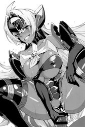 breasts censored dark_skin elbow_gloves erect_nipples female gloves hijiri large_breasts legs long_hair monochrome naughty_face nipples penis smile t-elos thighhighs thighs xenosaga