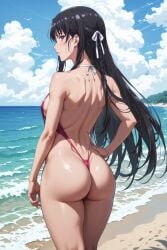 ai_generated ass beach black_hair braid classroom_of_the_elite female from_behind horikita_suzune long_hair pale-skinned_female slingshot_swimsuit standing