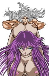 1boy 1girls 2d areolae ass ass_focus athena_(saint_seiya) blue_green_eyes breasts breasts_focus deity duo female female_focus gemini_saga goddess gold_saints grabbing_ass grabbing_from_behind grey_hair hands_on_ass human long_hair long_hair_female long_hair_male male male/female male_focus nipples nude nude_female nude_male pink_areolae pink_nipples purple_hair red_eyes saint_seiya saori_kido shounen_jump straight very_long_hair white_background