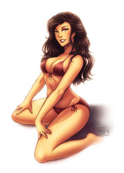 1girls asami_sato avatar_legends bikini black_hair cleavage female female_only green_eyes human k-y-h-u kneeling large_breasts long_hair smile solo swimsuit the_legend_of_korra thighs