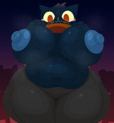 2026 anthro areola belly big_breasts blue_areola blue_body blue_nipples blush bodily_fluids bottomwear breasts clothed clothing clothing_lift digital_media_(artwork) domestic_cat ekkokenight felid feline felis female female_anthro hi_res huge_breasts mae_borowski mammal musk night_in_the_woods nipple_dip nipples notched_ear overweight overweight_anthro overweight_female pants portrait puffy_nipples question_mark raised_clothing raised_shirt raised_topwear red_eyes shirt shirt_lift smile solo speech_bubble sweat sweaty_belly sweaty_breasts thick_thighs three-quarter_portrait topless topless_anthro topless_female topwear wide_hips