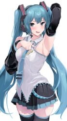 absurdres anger_vein aqua_eyes aqua_hair aqua_necktie arm_up armpit_focus armpits black_skirt black_thighhighs blush breasts detached_sleeves female gya2021 hair_between_eyes hair_ornament hatsune_miku headphones highres long_hair long_sleeves medium_breasts miniskirt necktie open_mouth presenting_armpit simple_background skirt smile solo thighhighs twintails very_long_hair vocaloid white_background zettai_ryouiki