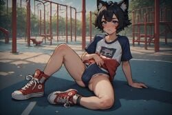 1boy 1femboy ai_generated blue_underwear blush blushing cat_ears clothed clothed_male clothing cute eyebrows eyes femboy gay knees male male_blushing male_focus male_only outdoors outside red_shoes sexy shirt shoes trees underwear yaoi