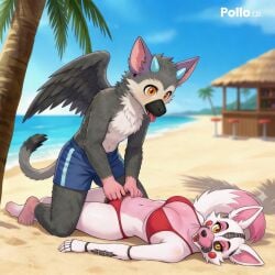 1boy 1girls ai_generated animatronic anthro_on_anthro anthro_only beach cyan_horns fanfiction feathered_wings feathers female fnaf fox funtime_foxy_(fnaf) hairy_pussy heterosexual male male/female male_on_female male_on_top mangle_(fnaf) orange_eyes pink_body purple_ears red_bikini romantic tail the_last_guardian trico trico_(character) trico_(the_last_guardian) white_body