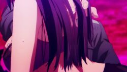 1boy 1girls areolae black_hair blue_eyes blush bouncing_breasts bra breasts chained_soldier clothing large_breasts mato_seihei_no_slave nipples open_mouth purple_eyes purple_hair screencap sound sweat video wakura_yuuki wardrobe_malfunction yamashiro_ren