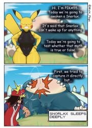 1boy 2025 2girls anthro big_breasts brown_hair closed_eyes comic dialogue english_text female generation_1_pokemon hands_on_hips hi_res human leotard male michi_plaga nintendo pikachu plump_labia pokeball pokemon pokemon_(species) pokemon_trainer pussy smiling snorlax teeth_clenched text text_box thick_thighs