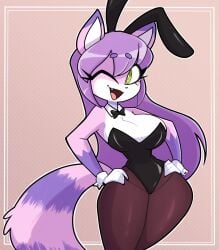 anthro big_breasts breasts bunny_ears bunnysuit cat_ears catgirl cleavage clothed cuffs_(clothing) eyelashes feline fur furry furry_female furry_only gloves hair hands_on_hips happy leotard long_hair looking_at_viewer nelljoestar open_mouth purple_fur purple_hair simple_background tail thick_thighs unknown_character wink winking_at_viewer