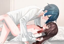 1boy ai-generated ai_generated boy_on_top female hu_tao_(genshin_impact) non-web_source oversized_clothes oversized_shirt sex shirt xingqiu_(genshin_impact)