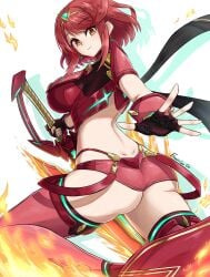 1girls ass black_gloves breasts earrings female female_only fgsketch fingerless_gloves fire flaming_sword flaming_weapon gloves highres holding holding_sword holding_weapon jewelry large_breasts pyra red_eyes red_hair red_shorts short_hair short_shorts shorts simple_background solo sword weapon white_background xenoblade_(series) xenoblade_chronicles_2
