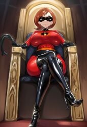 ai_generated alternate_breast_size black_footwear black_gloves bodysuit boots breasts brown_hair chair closed_mouth crossed_legs cuckold dominant dominant_female dominatrix domino_mask elastigirl female full_body gloves helen_parr high_heel_boots high_heels holding holding_whip large_breasts latex latex_gloves looking_at_viewer mask masochism netorare red_bodysuit sadism shiny_clothes short_hair sitting solo thigh_boots thighhighs throne whip zeulzin