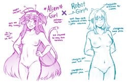 2girls abs alien_girl alien_humanoid android antennae breasts character_sheet chuunibyou earpiece elf_ears female female_only fit_female goggles goggles_on_forehead grinning hands_behind_back hands_on_hips hopefallen information lesbian_couple long_hair multiple_girls nipples nude_female original_character ponytails power_cord pubic_hair robot_girl robot_humanoid robot_joints shaved_pussy small_breasts smug_face wlw yuri