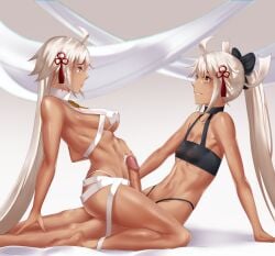 1boy 1girl ahoge bare_shoulders bikini black_bikini bow breasts censored cojohn commentary covered_nipples dark-skinned_female dark_skin erection fate/grand_order fate_(series) girl_on_top grin hair_bow hetero highres long_hair medium_breasts mosaic_censoring navel okita_souji_(fate) okita_souji_alter_(swimsuit_saber)_(fate) okita_souji_alter_(swimsuit_saber)_(second_ascension)_(fate) orange_eyes penis rengoku_(fate) smile straddling swimsuit tassel thighs upright_straddle very_long_hair white_bikini white_hair