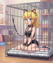 1girls 2d ai_generated blonde_female blonde_hair blue_eyes bondage_harness cage caged cat_ears collar female_focus female_only harness high_heels in_container kneeling leash leash_and_collar leashed_collar light_skin mario_(series) petplay ponytail princess_peach shorts spiked_collar wrist_cuffs