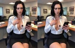 ai ai_assisted ai_generated black_hair blouse breasts cellphone female female_focus female_only light-skinned_female medium_breasts medium_hair milf miniskirt multiple_images nora_(fallout_4) office_clothing office_lady qos queen_of_spades queen_of_spades_symbol surprised_expression tattoo tattoo_on_chest thighs