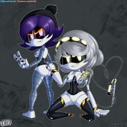 ass breasts digital_media_(artwork) disassembly_drone female female_only glitch_productions grey_hair jackintaro looking_at_viewer murder_drones nipples purple_eyes purple_hair robot robot_girl short_hair simple_background smile uzi_(murder_drones) v_(murder_drones) white_body worker_drone yellow_eyes