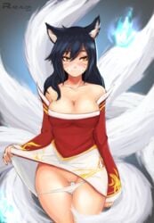 1girls ahri animal_ears black_hair breasts cleavage dress embarrassed facial_marks female female_only fur furry_tail hair humanoid large_breasts league_of_legends long_hair multi_tail multiple_tails panties pussy razalor skirt_lift solo standing tail upskirt yellow_eyes