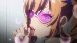 akane_wa_tsumare_somerareru animated anime_screenshot brown_hair cheerleader cosplay earrings fellatio_gesture female glasses heart heart-shaped_eyewear heart_glasses jewelry looking_at_viewer nanao_akane open_mouth sexually_suggestive sidelocks solo t-rex_(animation_studio) takeda_hiromitsu tongue tongue_out twintails