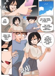 1girls big_breasts black_hair comic disguise ellie_(impunderneath) ellie_skinsuit english_text evil_face evil_smile female impersonation imposter impunderneath original original_character page_6 possessed possession short_hair story