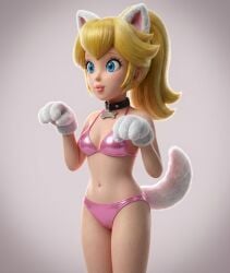 1girls 3d ai_generated bikini blonde_female blonde_hair blue_eyes cat_ears cat_paws collar female_focus female_only light_skin mario_(series) mittens paw_pose petplay ponytail princess_peach tail