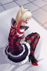 1girls arms_behind_back armwear blonde_hair blue_eyes bondage bound bound_ankles bound_arms bound_legs bound_wrists choker cock_gag deepthroat dildo_gag dildo_in_mouth dildo_in_throat dress drool drooling female female_only femsub fully_clothed gag gagged harness_gag high_heels nylons penis_gag rope saila skindentation x-ray x-ray_view