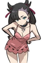 1girls asymmetrical_bangs black_choker black_hair breasts choker cleavage dress earrings female female_only green_eyes hair_ribbon hands_on_own_hips highres jewelry kousuke0912 leaning_forward looking_at_viewer marnie_(pokemon) medium_breasts nintendo no_jacket pink_dress pokemon pokemon_ss pokemon_swsh ribbon simple_background single_earring sketch solo thighs twintails undercut white_background