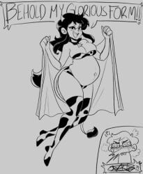 1boy 1girls black_and_white blanket blush county_fair_cutie cow_bell cow_horns cow_print cow_print_bra cow_print_thighhighs cow_tail glasses long_hair pregnant short_hair simple_background slick_(county_fair_cutie) slickpens text