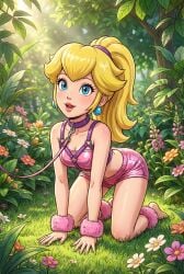 1girls 2d ai_generated ankle_cuffs blonde_female blonde_hair blue_eyes collar earrings female female_focus female_only flowers forest forest_background garden grass harness kneeling leash leash_and_collar mario_(series) on_all_fours ponytail princess_peach shiny_clothes wrist_cuffs