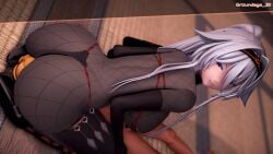 1boy 1girl1boy 1girls 3d 3d_(artwork) ass ass_focus azur_lane blonde_hair blue_eyes bodysuit facesitting groundage huge_ass koikatsu kunai ninja sovetsky_soyuz_(azur_lane) underwear white_hair white_skin