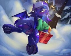 alternate_character alternate_version anus ass blush box christmas christmas_tree collaboration erein erein_(artist) female floor friendship_is_magic garland genitals happy_new_year holiday horn houses indoors looking_back mlp_g4 my_little_pony new_year nudity oc perspective plot pony present sitting solo solo_female tongue_out tree underhoof vaginal_secretions vulva winter yuris_(artist)