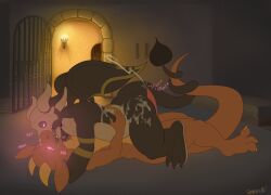 absurd_res bodily_fluids cum duo excessive_cum excessive_genital_fluids genital_fluids gothracc_(artist) hi_res hug hypnosis imp kobold male male/male mind_control relic_(character) scalie submissive submissive_male wrapped_tail