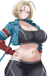 blonde_hair blue_eyes cammy_white capcom choker fingerless_gloves ha_(artist) huge_breasts midriff sports_bra street_fighter street_fighter_6 thigh_gap yoga_pants