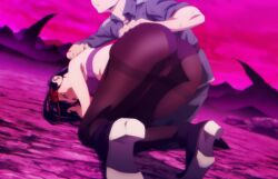 1boy 1girls ass bra chained_soldier clothing hips mato_seihei_no_slave outdoors panties purple_eyes purple_hair screencap stitched submissive_female sweat thighs yamashiro_ren