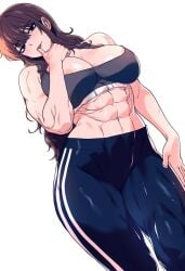 1girls :p abs areola_slip bare_shoulders black_eyes breasts brown_hair choi_jinseon_(spoiledmuffin) cleavage hand_on_thigh large_breasts licking licking_fingers long_hair looking_at_viewer looking_down midriff muscular muscular_female navel original simple_background solo spoiledmuffin sports_bra tongue tongue_out very_long_hair white_background yoga_pants