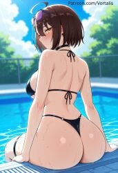 ahoge ai_generated ass azur_lane back baltimore_(azur_lane) bangs bare_shoulders bikini black_bikini black_choker blue_sky blurry blush breasts brown_hair choker cloud day eyewear_on_head female from_behind hair_between_eyes large_breasts looking_at_viewer looking_back outdoors pool poolside short_hair sitting skindentation sky solo string_bikini sunglasses swimsuit thigh_strap thighs thong_bikini vortalis water wet yellow_eyes