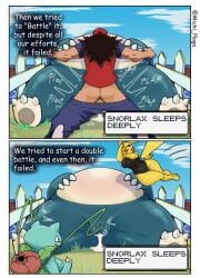 1boy 2025 3girls after_vaginal anthro big_breasts black_sclera brown_hair comic cum cum_in_pussy cum_inside dialogue english_text female generation_1_pokemon hi_res human human_on_pokemon ivysaur leotard male michi_plaga nintendo penetration pikachu plump_labia pokemon pokemon_(species) pokemon_trainer pokephilia pussy red_eyes sex sleep_sex snorlax text text_box thick_thighs vaginal_penetration white_eyes