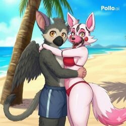 1boy 1girls ai_generated animatronic anthro_only avian avian_humanoid beach belly_to_belly cyan_horns fanfiction feathered_wings feathers female fnaf fox fox_girl funtime_foxy_(fnaf) furry furry_only grey_body grey_feathers heterosexual hug male male/female mangle_(fnaf) orange_eyes pink_body purple_ears red_bikini romantic tail the_last_guardian trico trico_(character) trico_(the_last_guardian) white_body white_fox wings