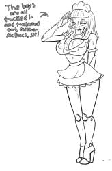 2023 after_sex anatid anseriform anthro avian beak big_breasts bird black_and_white bodily_fluids breasts closed_eyes clothing cum dialogue disney duck ducktales ducktales_(1987) english_text female genital_fluids gesture hi_res imierbenety maid_uniform monochrome open_beak open_mouth robot_anthro robotica salute simple_background solo text uniform white_background