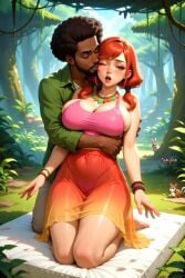 age_difference ai_generated animals_watching breast_squeeze breasts_spilling_out breasts_squeezed_together clothed dark-skinned_male dark_skin edited_ai final_fantasy final_fantasy_xiii from_behind green_eyes holding_back hug_from_behind huge_breasts jungle jungle_girl kissing kneeling large_breasts light-skinned_female medium_hair oerba_dia_vanille orange_hair outdoors red_hair sazh_katzroy sheer_clothing sheer_skirt short_twintails skirt thick_thighs thong tribal_jewelry twintails voluptuous voluptuous_female