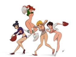 2026 4girls asian beatrix_wilde big_breasts bisexual bisexual_female blonde_hair breasts brown_hair clothed college_student commission dbx female female_focus flat_chest freckles functionally_nude_female japes kink_clique libby_reed multiple_females multiple_girls pale_skin pillow pillow_fight rayne_ishikawa red_hair small_breasts text the_clique veranda_marten younger_female