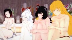 3d 4girls big_breasts bikini bikini_bottom bikini_bottom_only black_hair black_hair_female blake_belladonna blonde_female blonde_hair blue_eyes breasts busty cat_ears darkslayer_(artist) large_breasts long_hair long_hair_female looking_at_viewer navel nipples nude_female pose posing purple_eyes red_highlights robotic_arm ruby_rose rwby scar_across_eye smile team_rwby thong_bikini toned voluptuous weiss_schnee wink yang_xiao_long